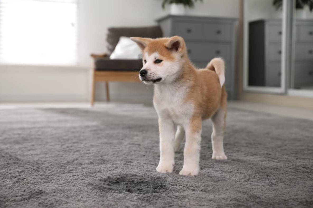 An Akita puppy standing on a plush gray carpet near a wet stain, looking off-side in a brightly lit modern living room.